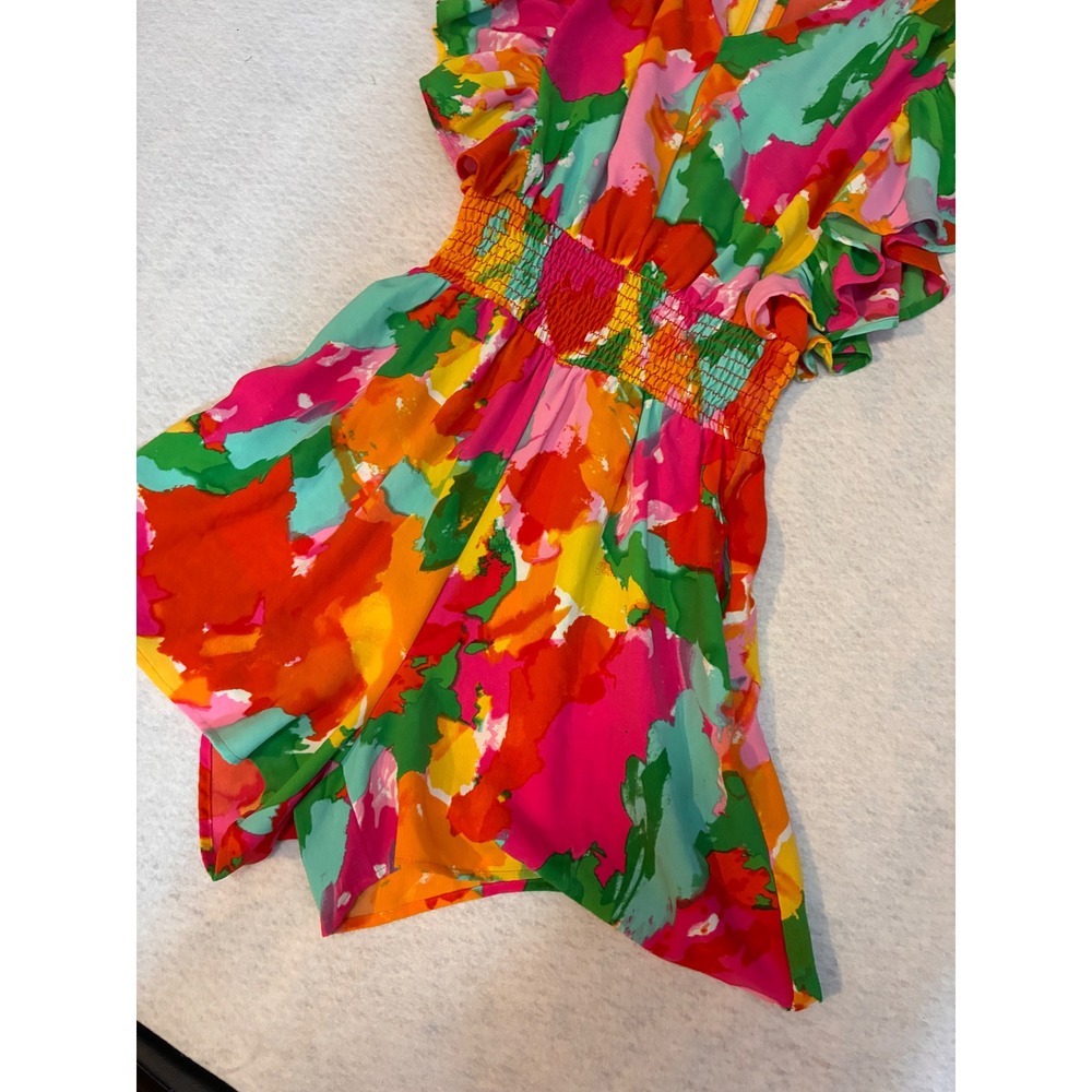 Haptics Summer Romper Retro Abstract Flutter Sleeve Smocked - Small Multicolor - Picture 8 of 11
